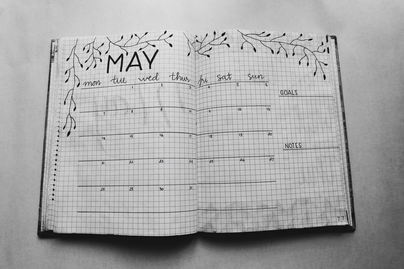 Kinyitott bullet journal májusi havi áttekintéssel kockás papíron, rajzolt ágacskákkal díszítve, fekete-fehérben