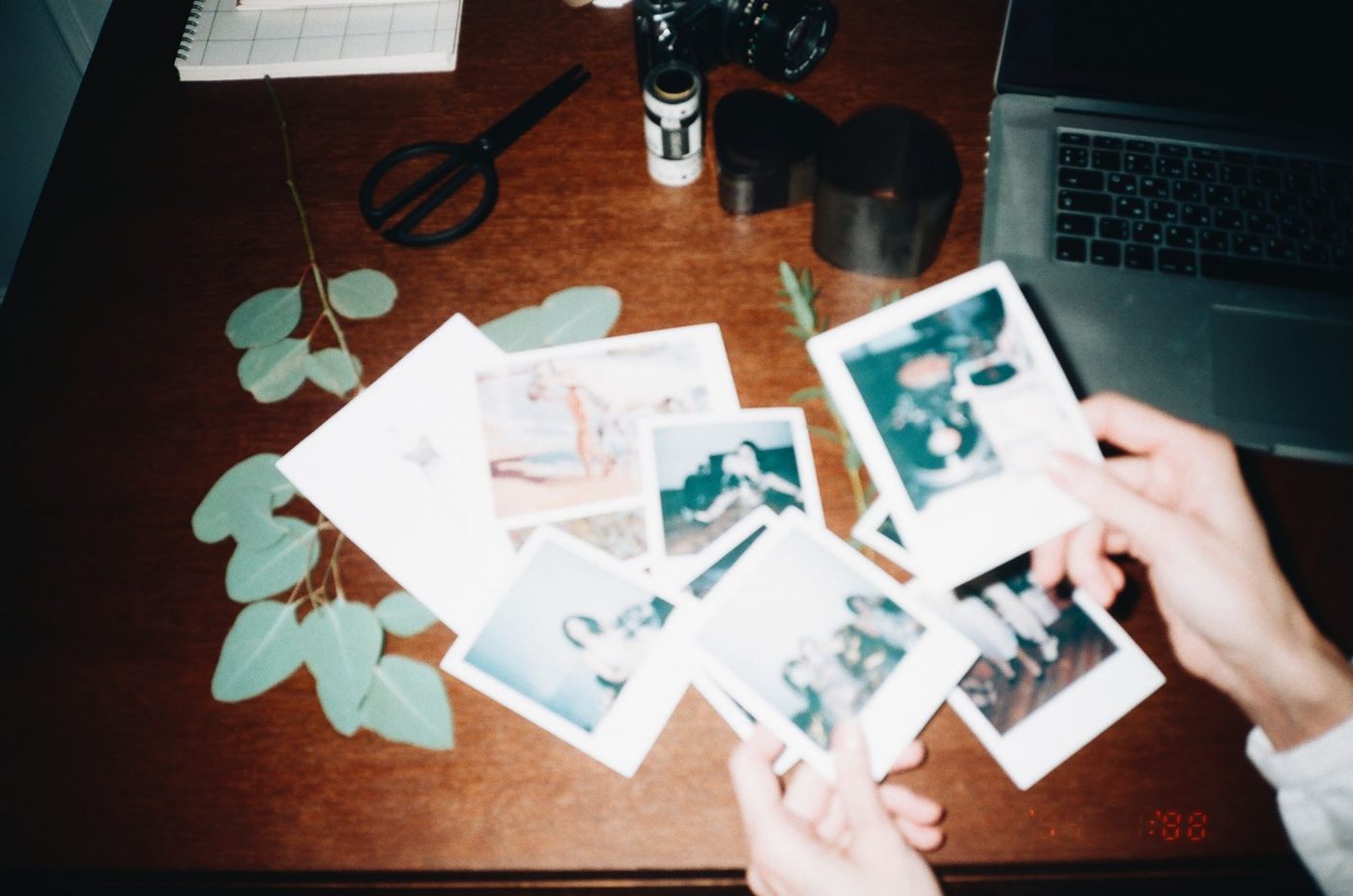 Ruce rozkládají polaroidové fotky mezi zelenými lístky na stole